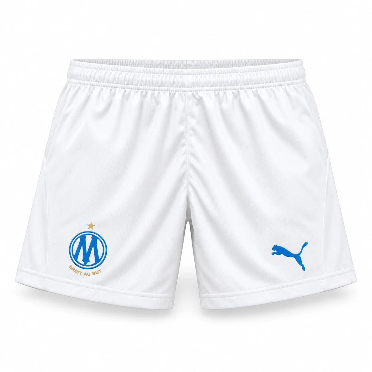 Short OM enfant 2026/27 domicile blanc, écusson Droit au but
