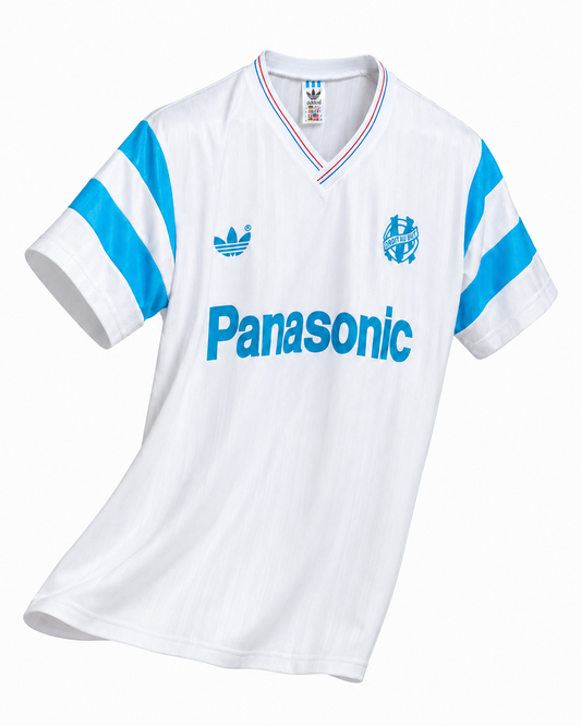 Maillot Marseille 1990 1991 rétro blanc, adidas et Panasonic