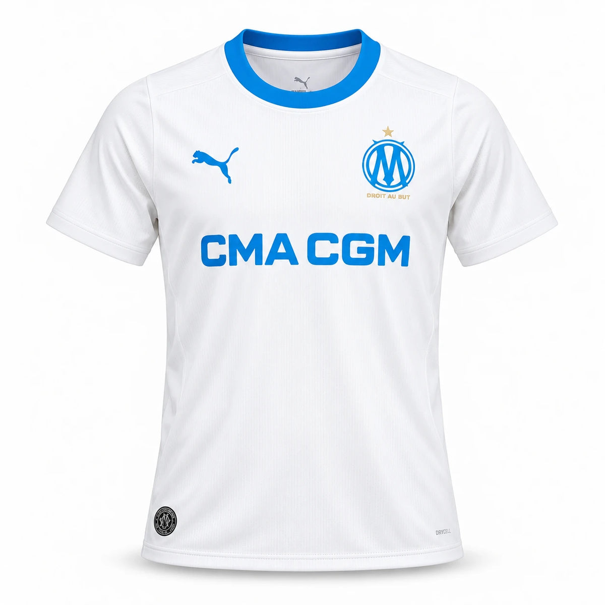 Maillot OM enfant 2026/27 domicile blanc, col bleu ciel