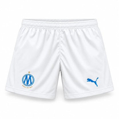 Short OM enfant 2026/27 domicile blanc, écusson Droit au but