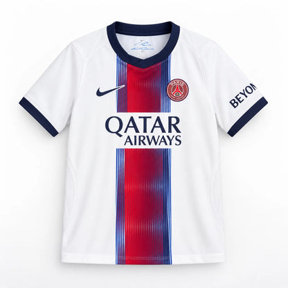 Maillot PSG enfant 2026/27 extérieur blanc, bande centrale rouge et bleue