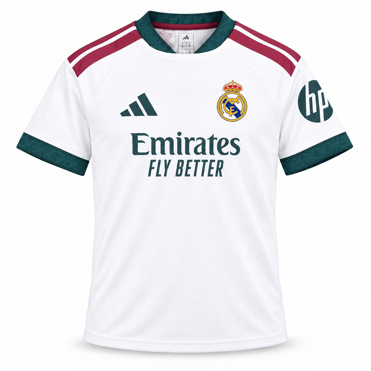 Maillot Real Madrid enfant 2026/27 domicile blanc, col et poignets verts