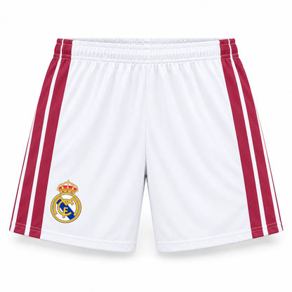 Short Real Madrid enfant 2026/27 domicile blanc, bandes bordeaux