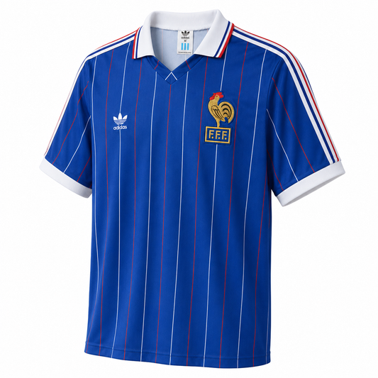 Maillot France 1982 domicile bleu à fines rayures, col blanc et écusson coq FFF, vue de face