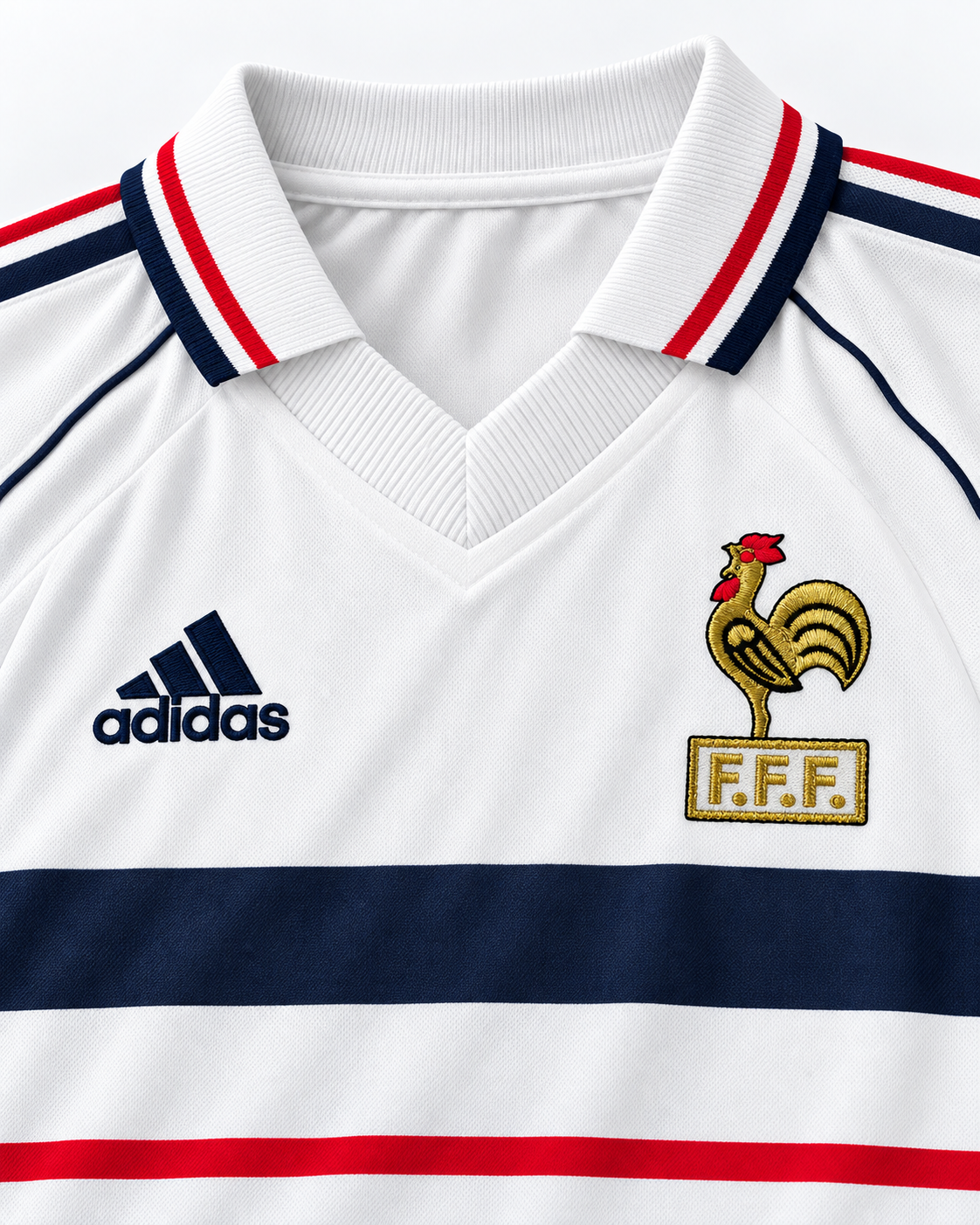 Détail du col et de l’écusson du maillot France 1998 extérieur