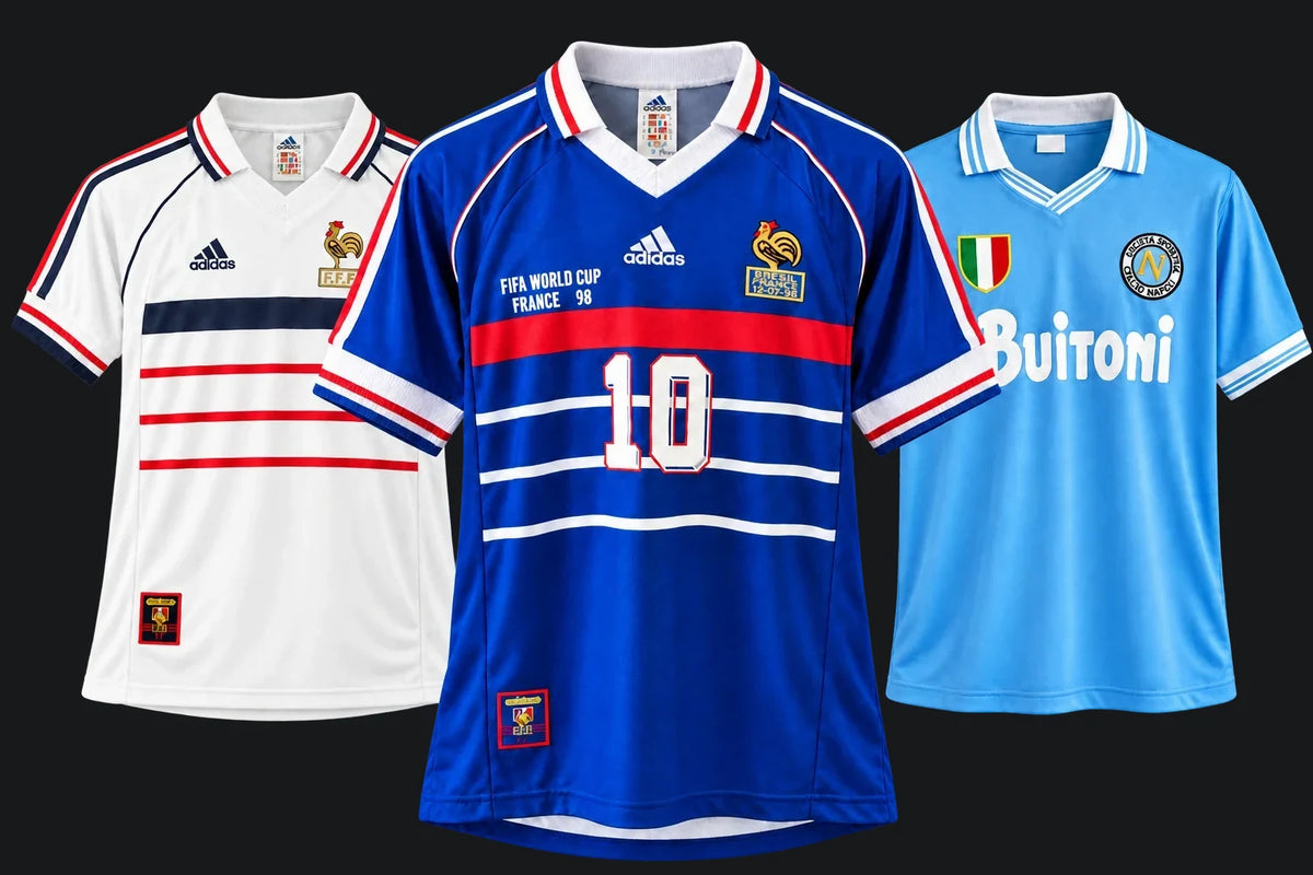 Maillots France 1998 domicile et extérieur et Napoli 1986/87 photographiés de face
