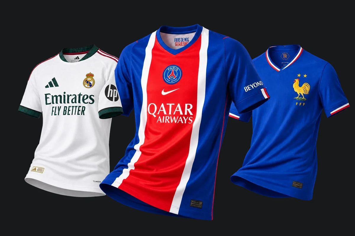 Maillots PSG, Real Madrid et France photographiés de face
