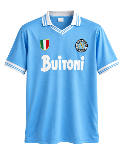 Maillot Napoli 1986/87 domicile bleu ciel, vue de face sur fond blanc pur