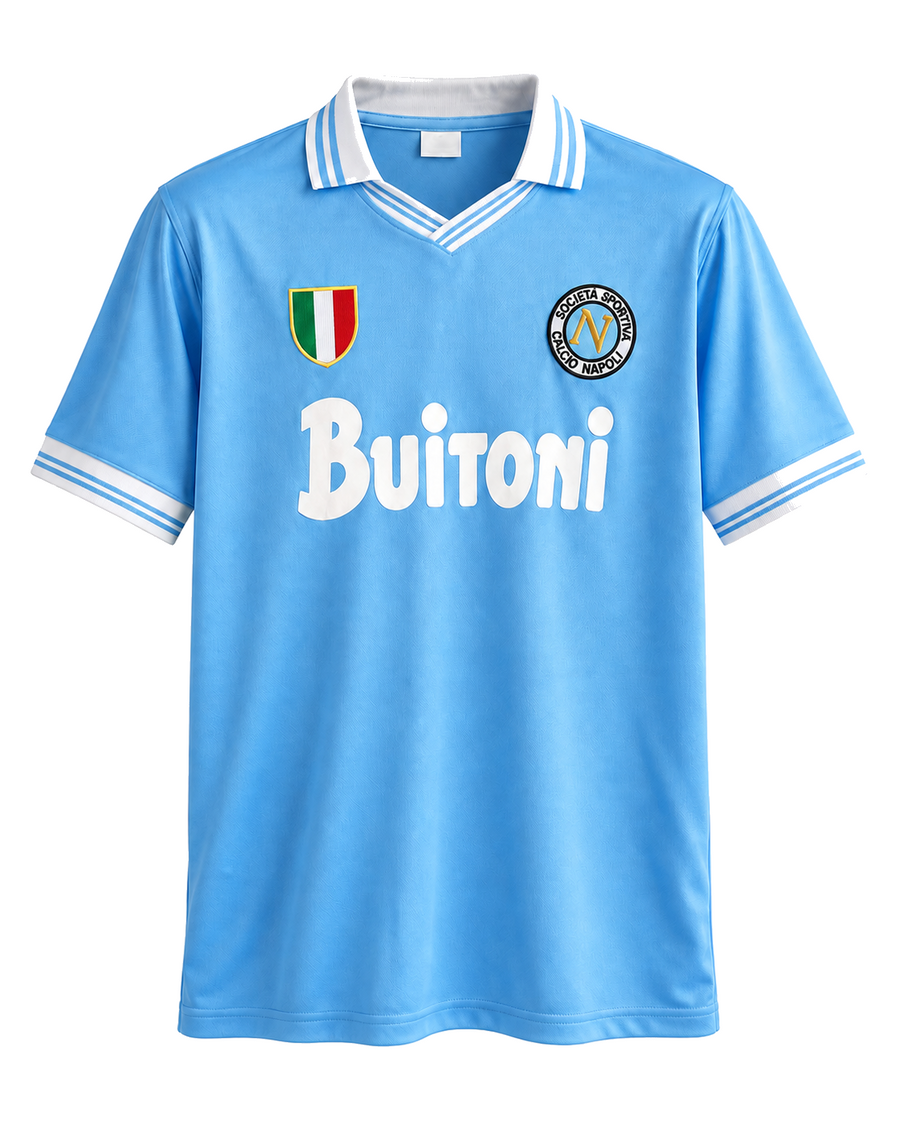 Maillot Napoli 1986/87 domicile bleu ciel, vue de face sur fond blanc pur