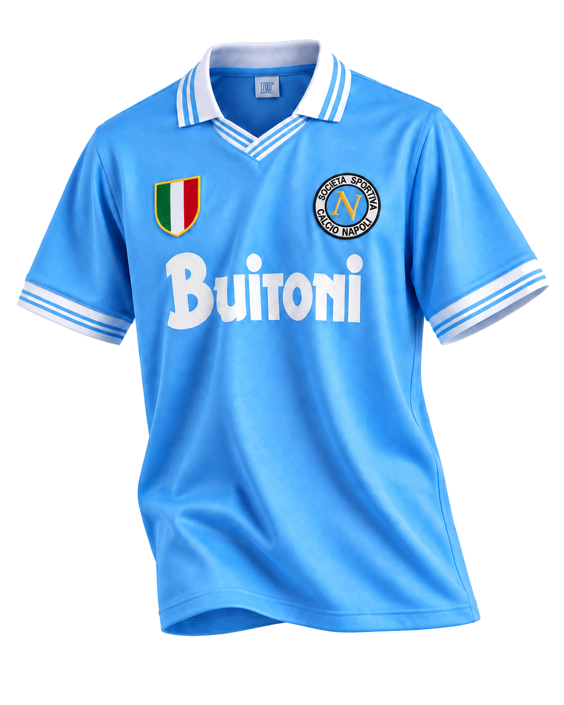 Maillot Napoli 1986/87 rétro bleu ciel, vue trois-quarts sur fond blanc pur